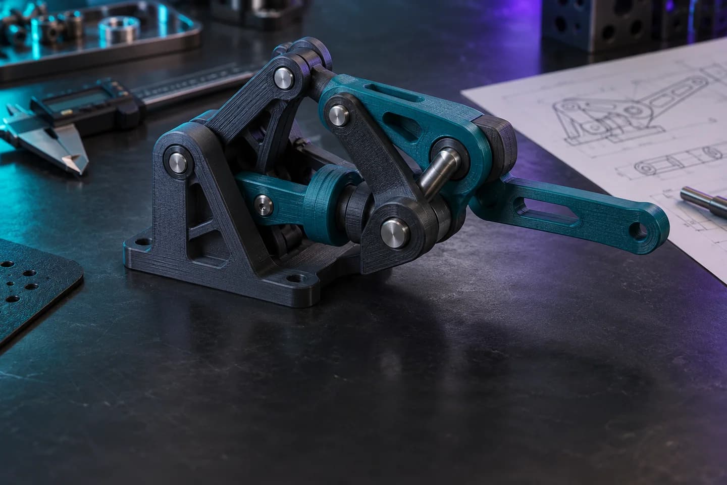 Prototip de mecanism articulat — vizual demonstrativ generat pentru prezentarea conceptului